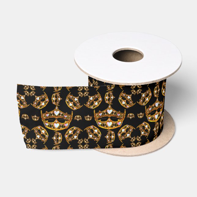 Queen hearts gold crown tiara black satin ribbon (Spool)