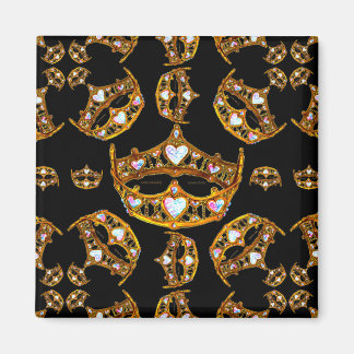 Queen hearts gold crown tiara black square magnet