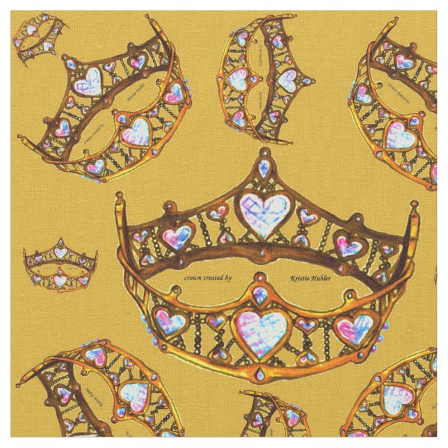 Queen Hearts Gold Crown Tiara pattern goldenrod Fabric (Close Up)