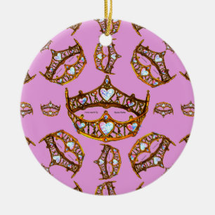 Queen Hearts Gold Crown Tiara pattern pink lilac Ceramic Ornament