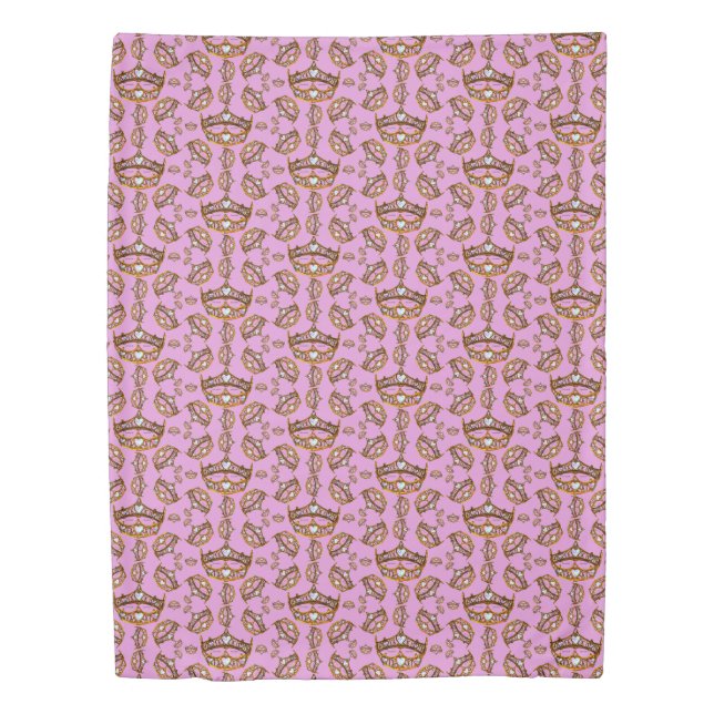 Queen Hearts Gold Crown Tiara pattern pink lilac Duvet Cover (Front)