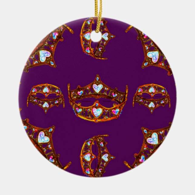 Queen Hearts Gold Crown Tiara pattern royal purple Ceramic Ornament (Front)