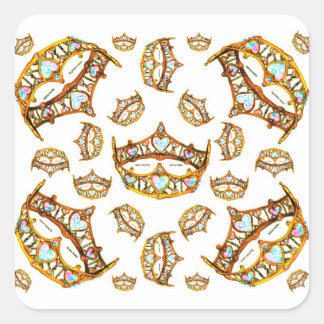 Queen hearts gold crown tiara white square sticker