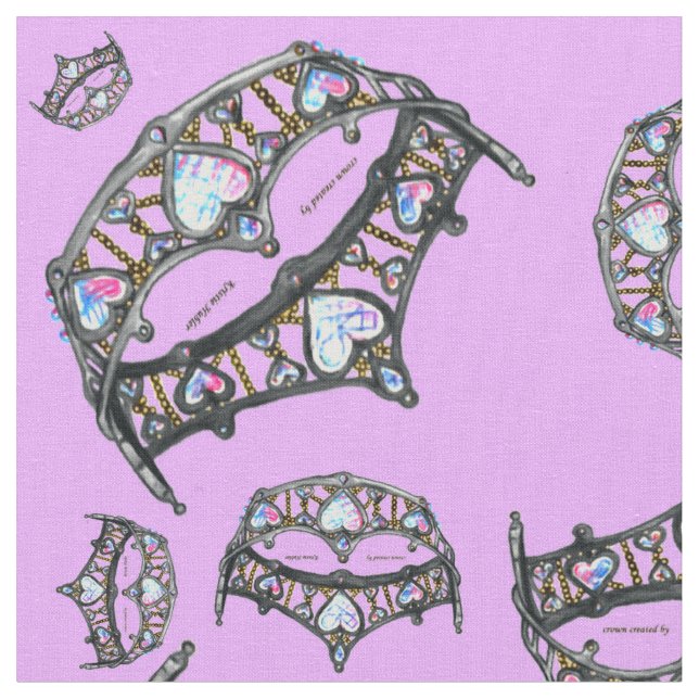 Queen Hearts Silver Crown Tiara pattern pink lilac Fabric (Close Up)