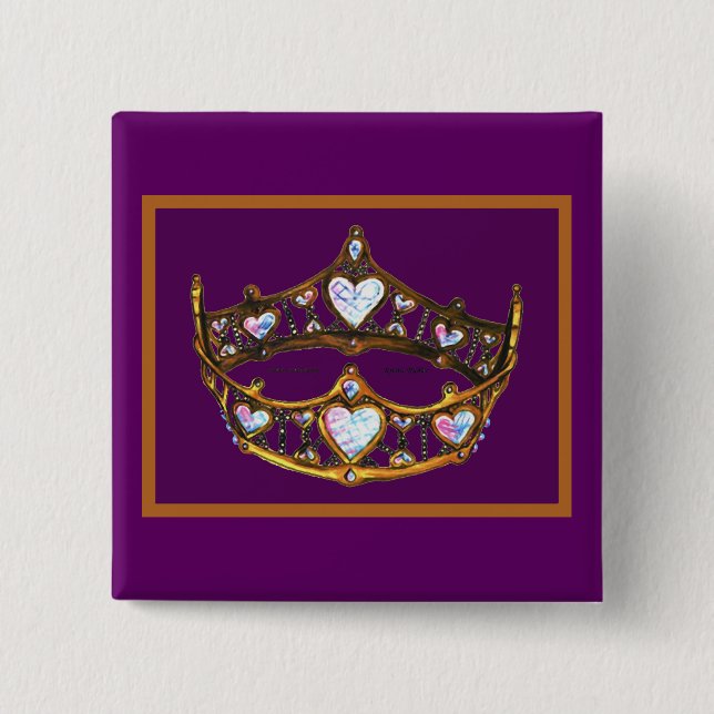 Queen Hearts Yellow Gold Crown Tiara royal purple Button (Front)
