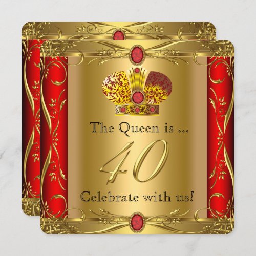 Queen King Regal Red Gold 40th Birthday Party Invitation