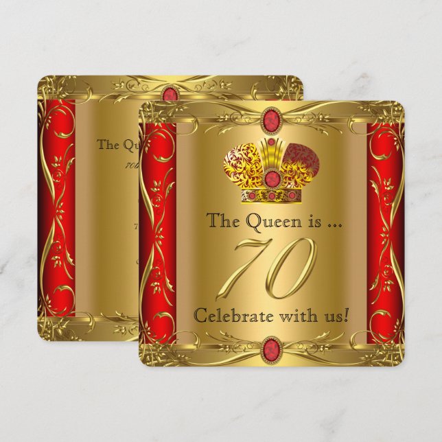 Queen King Regal Red Gold 70th Birthday Party Invitation (Front/Back)