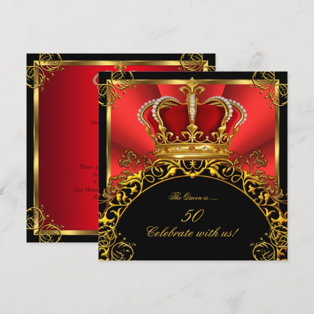 Queen King Regal Red Gold Royal Birthday Party 3 Invitation (Front/Back)