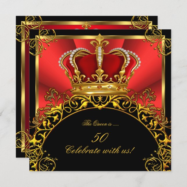 Queen King Regal Red Gold Royal Birthday Party 3 Invitation (Front/Back)