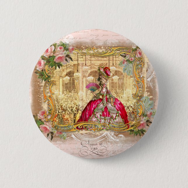 Queen Marie Antoinette at Versailles Party Pink Pinback Button (Front)