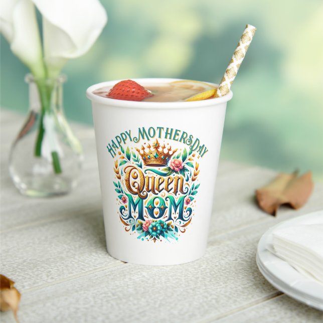 Queen Mom Floral Retro Typography Paper Cups (Insitu)