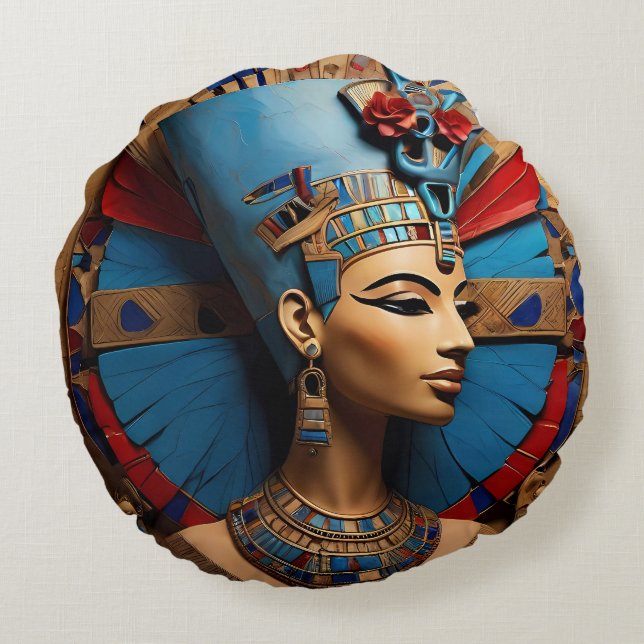 Queen Nefertiti ancient Egyptian God Round Pillow (Back)