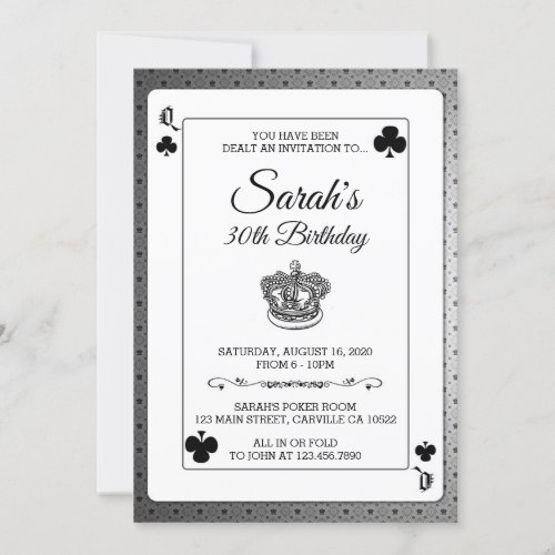 Queen of Clubs Poker Playing Cards Birthday Invite