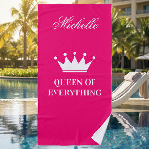 Queen of everything princess crown hot neon pink beach towel