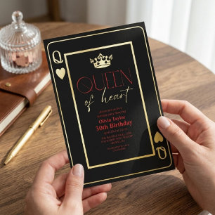 Queen of heart Black Red Gold Birthday Party Foil Invitation
