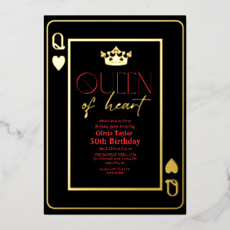 Queen of heart Black  Red Gold Birthday Party  Foil Invitation