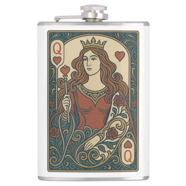 Queen of Hearts — Art Nouveau Rosework Portrait Flask (Front)