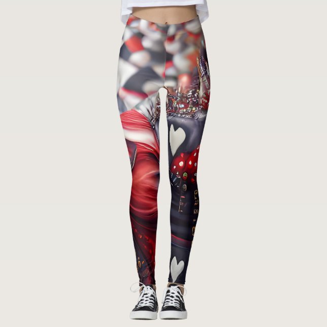 Queen of Hearts Black and Red Unique Fashion Leggings (Front)