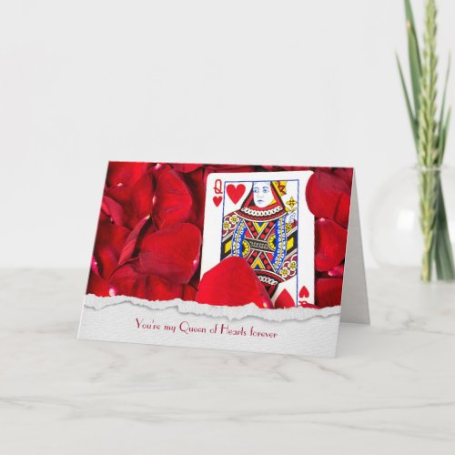 Queen of Hearts card in rose petals