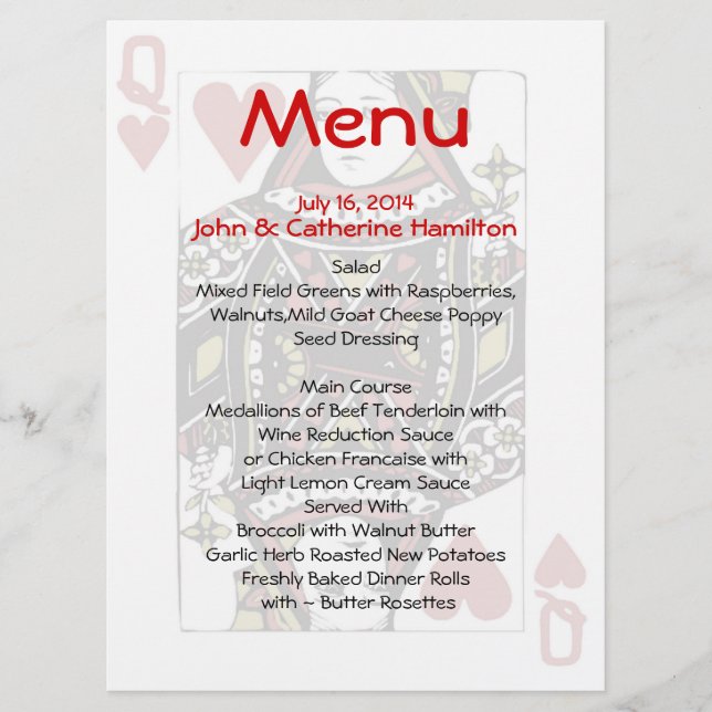 Queen of Hearts Cards Custom Wedding Menu (Front)