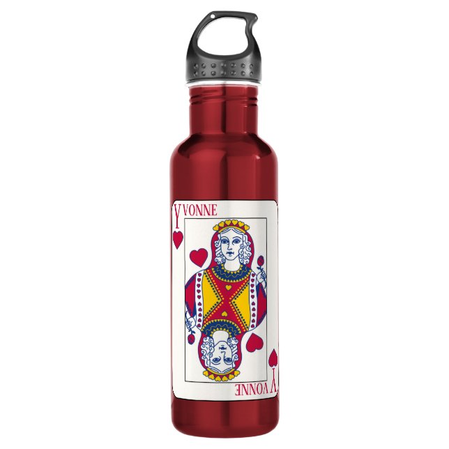 Queen of Hearts Custom Name Playing Card Stainless Steel Water Bottle (Front)