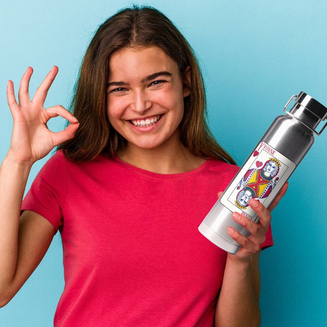 Queen of Hearts Custom Name Playing Card Stainless Water Bottle (Creator Uploaded)