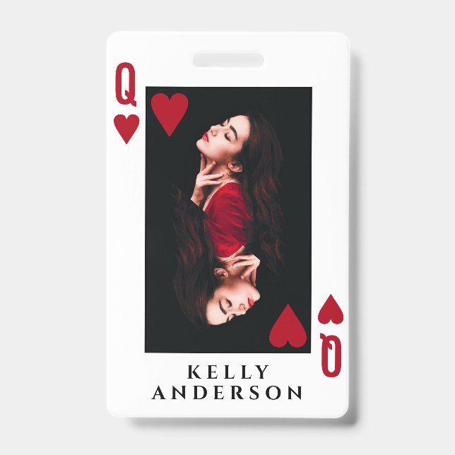 Queen of Hearts Feminine Photo Hairdresser Name Badge (Front)