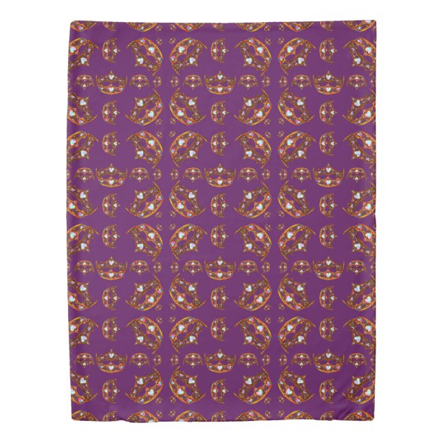 Queen of Hearts Gold Crown Tiara pattern purple Duvet Cover (Front)