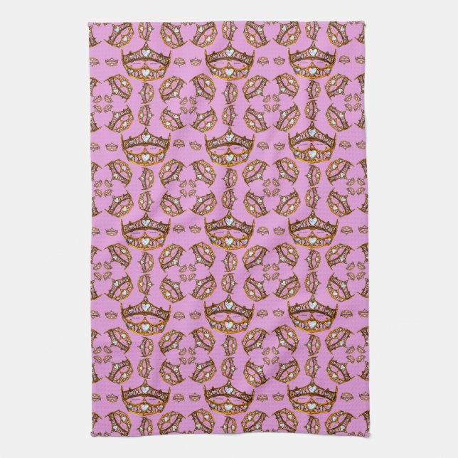 Queen of Hearts Gold Crown Tiaras pink Kitchen Towel (Vertical)