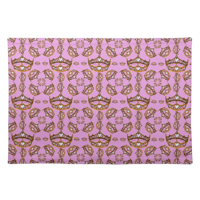 Queen of Hearts Gold Crown Tiaras pink thistle Cloth Placemat (Front)