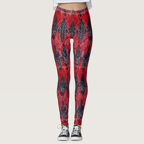 Queen of Hearts Harlequin Red Black White Leggings