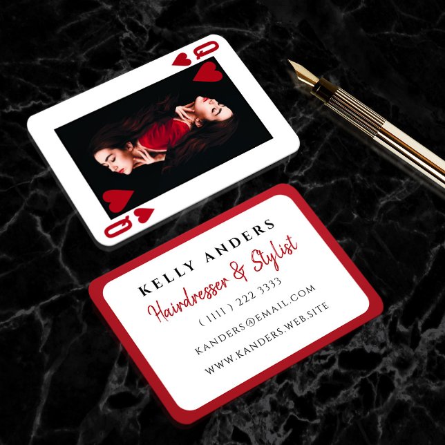 Queen of Hearts Modern Feminine Photo Hairdresser Business Card (Hairdresser business card made to look like a Queen of hearts playing card)