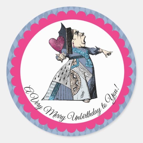 Queen of Hearts on Blue Harlequin and Pink Border  Classic Round Sticker