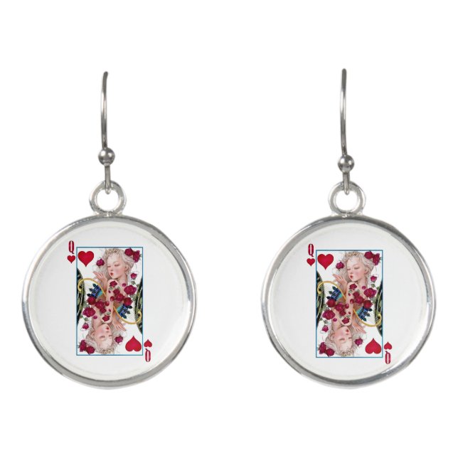 Queen of Hearts Oversized Graphic, Playing Cards Earrings (Front)