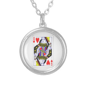 Queen of Hearts Oversized Graphic, Playing Cards Silver Plated Necklace