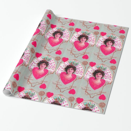 QUEEN OF HEARTS Pink Fuchsia Valentines Day Wrapping Paper