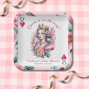 Queen Of Hearts Playing Card Pink Baby Shower Paper Plates