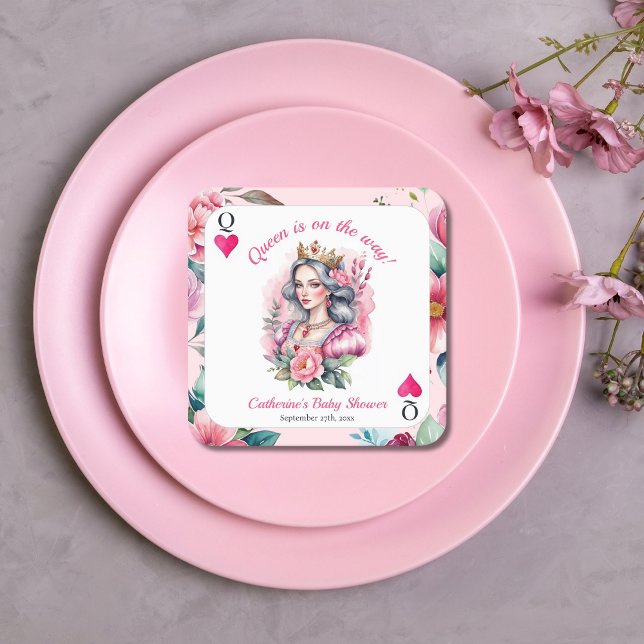 Queen Of Hearts Playing Card Pink Baby Shower Square Paper Coaster (Creator Uploaded)