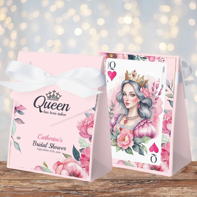 Queen Of Hearts Playing Card Pink Bridal Shower Favor Boxes (Angled view royal fairytale queen bridal shower blush pink vintage playing card Favor Box
)