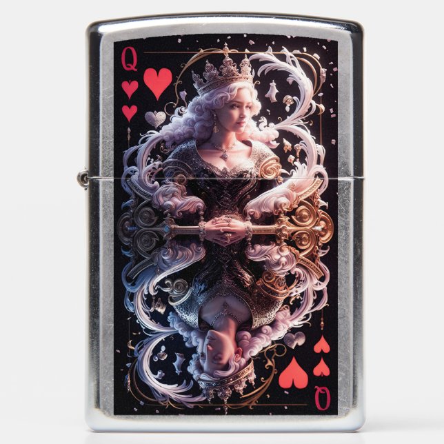Queen of Hearts Playing Card, Surrealism Art Zippo Lighter (Front)