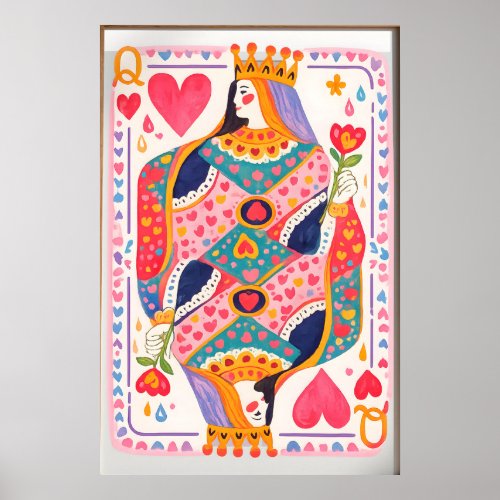 Queen of Hearts Poster, Colorful Playing Card Wall Poster