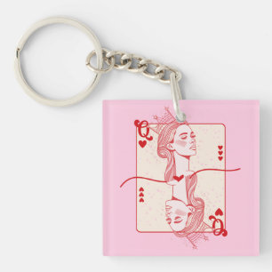 Queen of Hearts Red and Pink Preppy Art Keychain