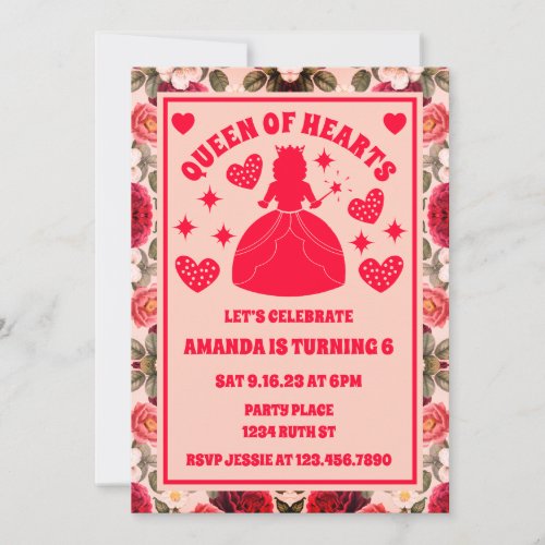  Queen Of Hearts Roses Birthday Invitation
