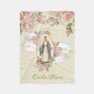 Queen of Heaven Blessed Virgin Mary Pink Roses Fleece Blanket