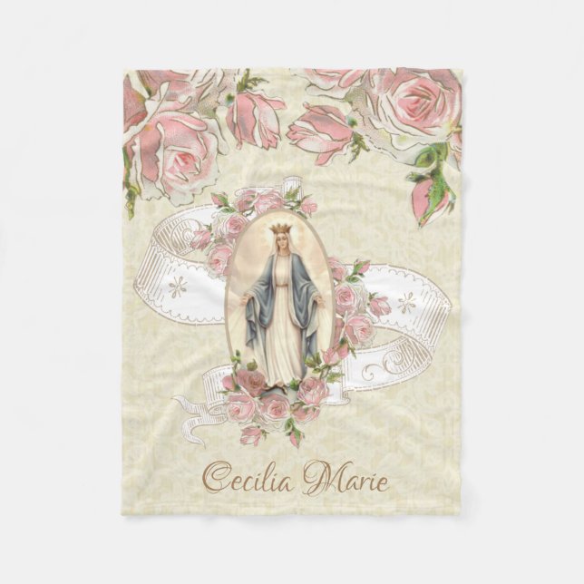 Queen of Heaven Blessed Virgin Mary Pink Roses Fleece Blanket (Front)