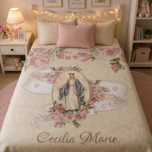 Queen of Heaven Blessed Virgin Mary Pink Roses Fleece Blanket
