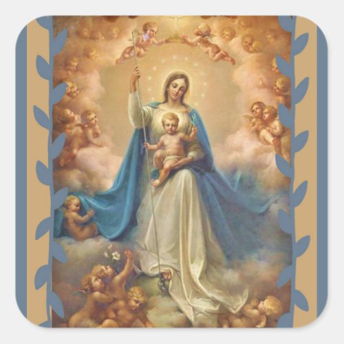 Queen of Heaven Infant With Jesus  Angels Square Sticker