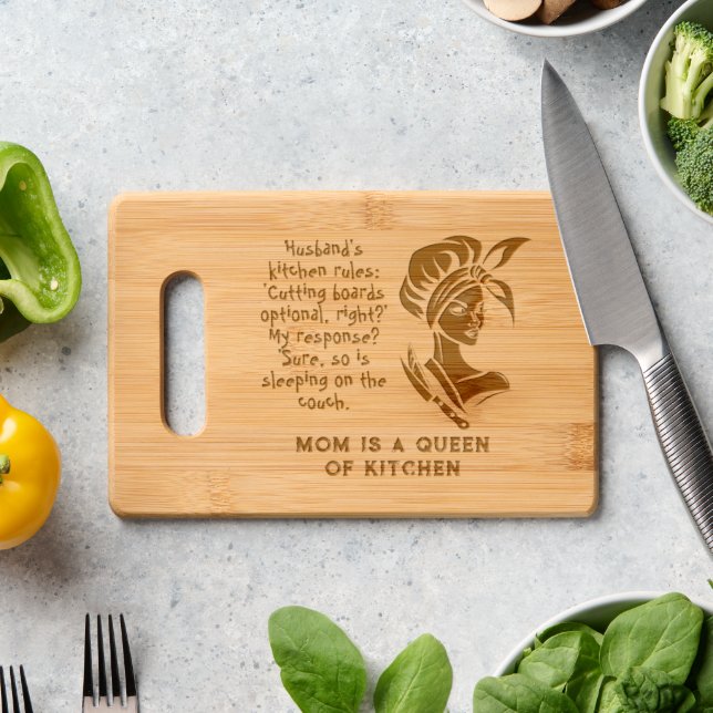 Queen Of Kitchen I Chef icon and Funny Quote Engraved Cutting Board (Kitchen Counter)