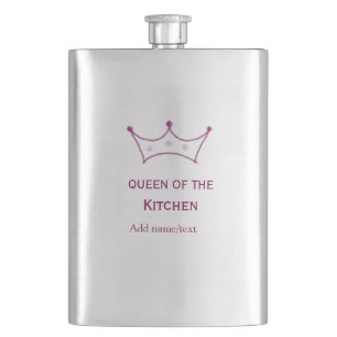 queen of kitchen mauve crown cook chef name flask