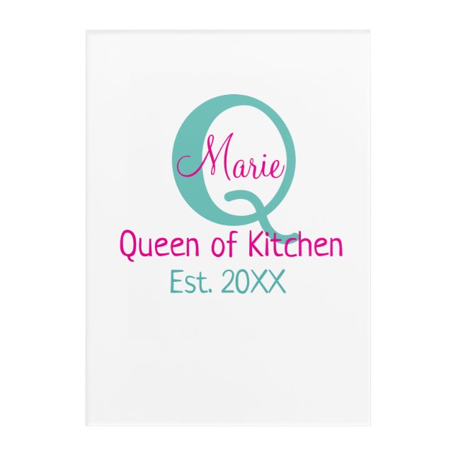 Queen of kitchen monogram green pink simple minima acrylic print (Front)